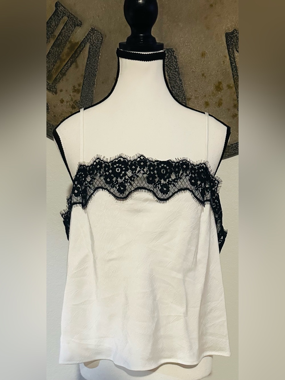 White Cami Top with Black Lace Accent